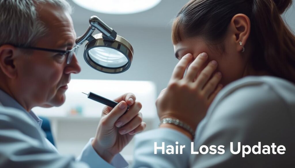 Dermatologist conducting a scalp examination for hair loss diagnosis Dermatologist conducting a scalp examination for hair loss diagnosis